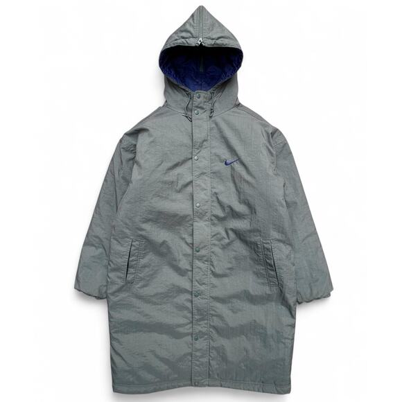 Vintage Nike Swoosh Split Hooded Long Puffer Jacket Parka Coat Green Navy L 90s - Picture 2 of 15